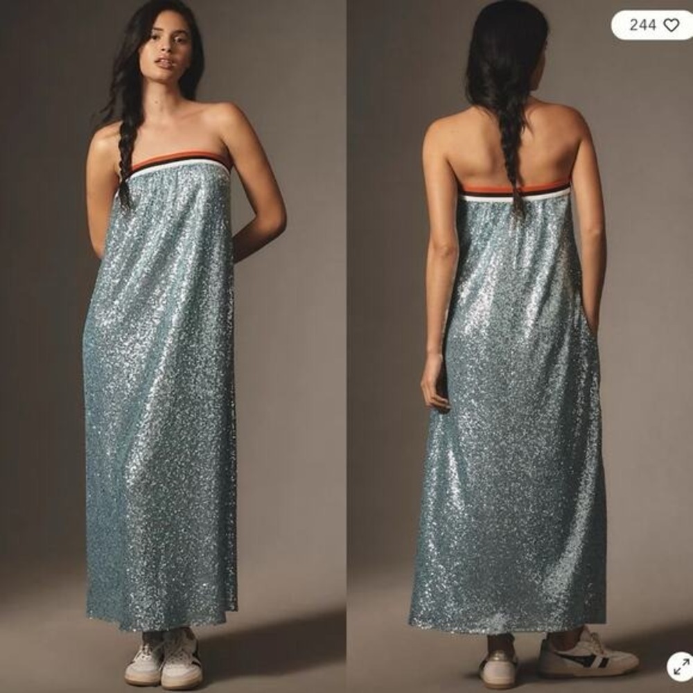 Sunday in Brooklyn Anthropologie Blue Sequin Strapless Maxi Dress Size M